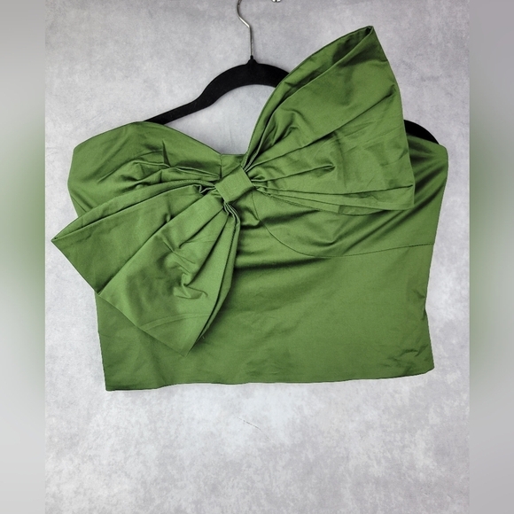 Anthropologie Hutch Dark Satin Green Bow Tie Tube Zip Up Top Blouse Size L - Picture 6 of 12